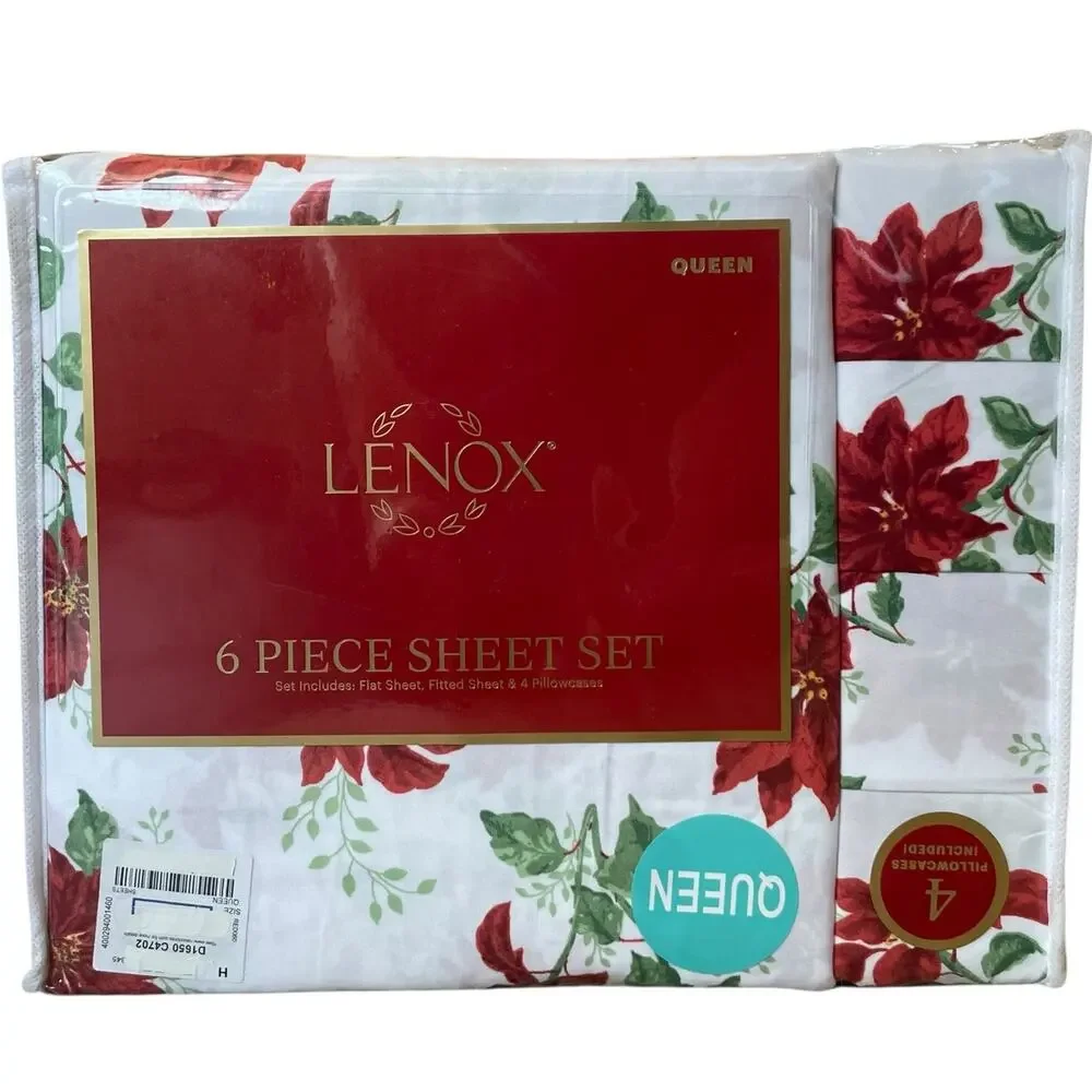 LENOX Poinsettia Christmas 6-Piece QUEEN Sheet Set Holiday Bedding  New